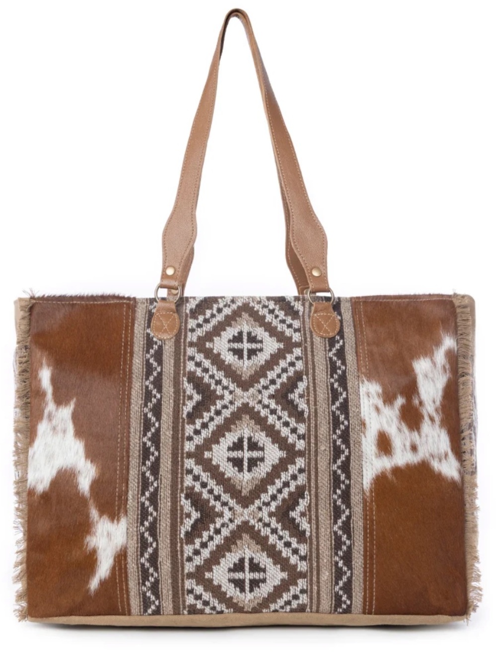 Myra Elisa Boho Cowhide & Woven Tote Bag in Brown Mix, new - Picture 3 of 8